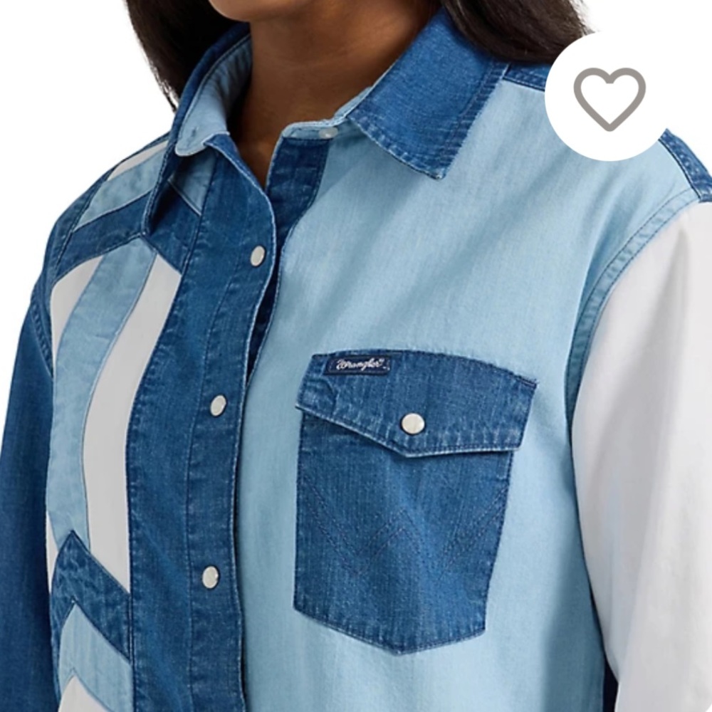 Wrangler Blue and White Patchwork Button Down Shi… - image 5
